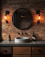 Industrial powder room featuring a wall of exposed red brick, a reclaimed wood vanity with a concrete sink basin, and a round black metal mirror. Dark iron sconces with exposed Edison bulbs illuminate the space, and a patinated brass faucet adds warmth. — close-up of textures and materials