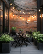 A compact industrial patio featuring a foldable black metal bistro set, string lights with exposed Edison bulbs, and potted green plants in dark grey concrete planters, set against an exposed brick wall. — alternate angle