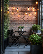 A compact industrial patio featuring a foldable black metal bistro set, string lights with exposed Edison bulbs, and potted green plants in dark grey concrete planters, set against an exposed brick wall. — styling and décor detail