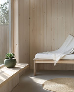 A compact Scandinavian poolhouse interior featuring light birch wood furniture, a white linen throw on a simple bench, and a small round jute rug. A ceramic planter with a green succulent sits on a minimalist shelf, reflecting natural light from a large window. — alternate angle