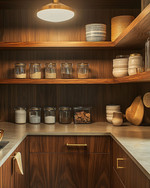 A Mid-Century Modern pantry featuring warm walnut wood shelving, polished concrete countertops, and brass pull handles. Glass canisters and ceramic jars are neatly arranged, illuminated by a Sputnik-style pendant light, with a mix of vintage and modern organizational elements.