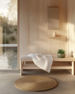 A compact Scandinavian poolhouse interior featuring light birch wood furniture, a white linen throw on a simple bench, and a small round jute rug. A ceramic planter with a green succulent sits on a minimalist shelf, reflecting natural light from a large window. — styling and décor detail