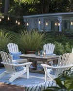 A serene coastal backyard featuring white Adirondack chairs, a weathered teak dining table, and blue and white striped outdoor cushions under strung Edison bulb lights, surrounded by lush green ornamental grasses and potted sago palms. — close-up of textures and materials