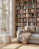 A bright Scandinavian library featuring light oak bookshelves filled with diverse books, a comfortable grey fabric sofa with a beige knit throw, a minimalist white side table, and a large window letting in natural light. — alternate angle