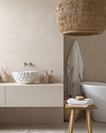 A Japandi bathroom featuring a creamy off-white irregular ceramic vessel sink on a pale oak floating vanity, with a slatted natural teak stool beside a freestanding tub, under a large woven rattan pendant light. — close-up of textures and materials