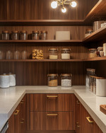 A Mid-Century Modern pantry featuring warm walnut wood shelving, polished concrete countertops, and brass pull handles. Glass canisters and ceramic jars are neatly arranged, illuminated by a Sputnik-style pendant light, with a mix of vintage and modern organizational elements. — close-up of textures and materials