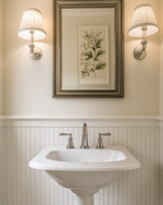 A traditional powder room featuring a white pedestal sink, polished nickel faucet, and beadboard wainscoting painted in a warm off-white. A large framed mirror hangs above, reflecting a botanical print on the opposite wall, all under soft, warm lighting.
