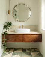 A Mid-Century Modern bathroom featuring a walnut floating vanity with an integrated white sink, brushed brass fixtures, and a large round mirror. The walls are painted a soft off-white, complemented by geometric floor tiles in muted green and cream. A trailing Pothos plant adds a touch of organic warmth. — styling and décor detail