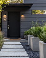 A modern exterior featuring a fresh coat of deep charcoal grey paint on the siding, a contrasting matte black front door, and sleek brushed nickel house numbers. The pathway combines light grey concrete pavers with dark pea gravel, and large concrete planters flank the entrance with sculptural green plants. — close-up of textures and materials