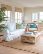 A bright coastal poolhouse interior with a white slipcovered sofa, rattan armchair, and light wood coffee table, accented with soft blue and green pillows, a jute rug, and a large potted palm plant. — alternate angle