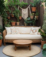 A cozy boho patio featuring a low-profile rattan loveseat with cream cushions, layered with macrame and embroidered pillows. A round jute rug sits beneath a small wooden coffee table, surrounded by various potted plants in terracotta and ceramic planters, including a trailing Pothos in a macrame hanger.