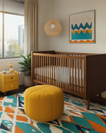 A vibrant Mid-Century Modern baby's room in a small apartment, featuring a natural wood convertible crib, a mustard yellow storage ottoman, and a geometric area rug with teal and orange accents. — close-up of textures and materials