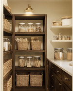 A cozy traditional pantry featuring warm cream walls, rich dark wood shelving, and a mix of woven rattan baskets and clear glass jars holding pantry staples. An aged brass semi-flush mount light fixture illuminates the space. — styling and décor detail