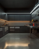 A modern minimalist garage featuring matte charcoal gray flat-panel cabinets, polished concrete flooring, integrated LED strip lighting, and a stainless steel workbench with organized tools on a dark slat wall. — close-up of textures and materials