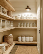 A warm farmhouse pantry with cream shiplap walls, natural pine shelves, and a semi-flush mount aged bronze light fixture illuminating clear glass jars and white ceramic canisters. A woven jute runner is on the floor. — close-up of textures and materials