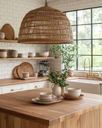 A bohemian kitchen featuring a large woven rattan pendant light above a wooden island with fresh greenery, open shelving with ceramic dishes, and warm brass fixtures creating a cozy, inviting ambiance. — close-up of textures and materials