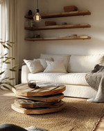 A cozy rustic living room in an apartment setting, featuring a compact linen sofa, a reclaimed wood nesting coffee table, and open shelving made from rough-hewn timber. Natural light filters through the window, illuminating jute rugs and woven wool throws, complemented by a simple pendant light with an Edison bulb. — close-up of textures and materials