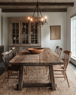 A rustic dining room featuring a large, solid reclaimed oak dining table, mismatched wooden chairs, and a natural jute area rug, illuminated by a wrought iron chandelier, with walls painted in a warm antique white.