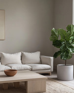 A minimalist Scandinavian Landscape living room with pale gray walls, an off-white modular sofa, a light ash wood coffee table, and a large Fiddle Leaf Fig plant in a matte ceramic pot.
