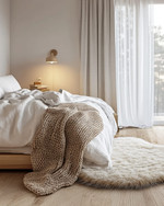 A cozy Scandinavian bedroom featuring a bed dressed in white linen, a chunky knit throw, and a sheepskin rug on light wooden floorboards. Soft, diffused light comes from a simple bedside lamp and a large window. — alternate angle
