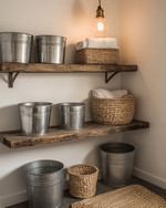 Rustic laundry room with a reclaimed wood floating shelf, galvanized metal buckets, woven rattan baskets, and a small braided jute rug on the floor, lit by a warm Edison bulb pendant. — close-up of textures and materials