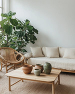 A Japandi sunroom blending vintage and modern elements, featuring a low-profile natural linen sofa, a restored vintage rattan chair, and a light wood coffee table with ceramic vessels. Large green plants in simple terracotta pots add organic life, all under abundant natural light. — styling and décor detail