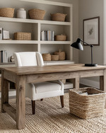 A warm farmhouse home office featuring a large distressed oak desk, a cream linen office chair, open shelving with books and woven baskets, and walls painted in a soft greige. A braided jute rug grounds the space, and a matte black task lamp sits on the desk. — styling and décor detail