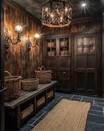 A rustic mudroom featuring warm layered lighting from a wrought iron chandelier and wall sconces, with slate floor tiles, a reclaimed wood bench, and dark wood storage cabinets, accented by woven baskets and a jute rug. — close-up of textures and materials