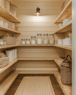 A warm farmhouse pantry with cream shiplap walls, natural pine shelves, and a semi-flush mount aged bronze light fixture illuminating clear glass jars and white ceramic canisters. A woven jute runner is on the floor. — alternate angle