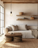 A cozy rustic living room in an apartment setting, featuring a compact linen sofa, a reclaimed wood nesting coffee table, and open shelving made from rough-hewn timber. Natural light filters through the window, illuminating jute rugs and woven wool throws, complemented by a simple pendant light with an Edison bulb. — styling and décor detail