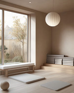 A serene Japandi home gym with abundant natural light from a large window, light ash wood flooring, a minimalist white bench, a simple paper lantern pendant light, and a collection of yoga mats in soft grey and beige. — close-up of textures and materials