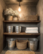 Rustic laundry room with a reclaimed wood floating shelf, galvanized metal buckets, woven rattan baskets, and a small braided jute rug on the floor, lit by a warm Edison bulb pendant.
