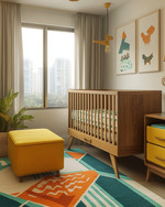 A vibrant Mid-Century Modern baby's room in a small apartment, featuring a natural wood convertible crib, a mustard yellow storage ottoman, and a geometric area rug with teal and orange accents.