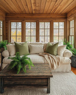 A rustic sunroom featuring a natural wood ceiling, a comfortable sofa with cream linen cushions, a chunky knit throw, and sage green accent pillows, surrounded by potted ferns and a vintage distressed wooden coffee table. — close-up of textures and materials