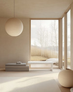 A serene Japandi home gym with abundant natural light from a large window, light ash wood flooring, a minimalist white bench, a simple paper lantern pendant light, and a collection of yoga mats in soft grey and beige. — styling and décor detail