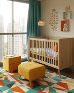 A vibrant Mid-Century Modern baby's room in a small apartment, featuring a natural wood convertible crib, a mustard yellow storage ottoman, and a geometric area rug with teal and orange accents. — alternate angle