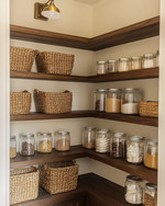 A cozy traditional pantry featuring warm cream walls, rich dark wood shelving, and a mix of woven rattan baskets and clear glass jars holding pantry staples. An aged brass semi-flush mount light fixture illuminates the space. — close-up of textures and materials