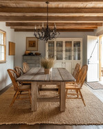 A rustic dining room featuring a large, solid reclaimed oak dining table, mismatched wooden chairs, and a natural jute area rug, illuminated by a wrought iron chandelier, with walls painted in a warm antique white. — alternate angle
