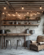 A rustic garage interior featuring exposed concrete walls, a salvaged wood workbench with metal stools, overhead string lights with Edison bulbs, and open shelving made from iron pipes and rough-sawn lumber, accented with galvanized buckets and a worn leather armchair. — alternate angle