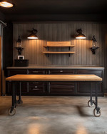 A traditional garage interior featuring a solid oak workbench, dark walnut storage cabinets with oil-rubbed bronze hardware, concrete flooring mimicking natural stone, and black iron industrial sconces.