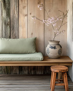A Japandi porch blending vintage and modern, featuring a low-slung teak bench with a sage green linen cushion, a small hand-carved wooden stool as a side table, and a vintage Japanese stoneware vase with a single cherry blossom branch, all set against a backdrop of weathered wood and concrete planters.