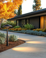 A Mid-Century Modern driveway featuring a broom-finished concrete surface, bordered by low-maintenance agave and sedum plants. Sleek, mushroom-style path lights illuminate the edge, while a Japanese maple provides subtle shade.