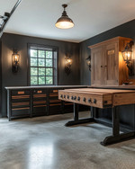 A traditional garage interior featuring a solid oak workbench, dark walnut storage cabinets with oil-rubbed bronze hardware, concrete flooring mimicking natural stone, and black iron industrial sconces. — styling and décor detail