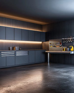 A modern minimalist garage featuring matte charcoal gray flat-panel cabinets, polished concrete flooring, integrated LED strip lighting, and a stainless steel workbench with organized tools on a dark slat wall. — alternate angle