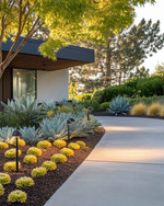 A Mid-Century Modern driveway featuring a broom-finished concrete surface, bordered by low-maintenance agave and sedum plants. Sleek, mushroom-style path lights illuminate the edge, while a Japanese maple provides subtle shade. — alternate angle