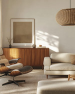 A Mid-Century Modern Craft living room featuring a walnut credenza, a low-slung sofa in natural linen, an Eames Lounge Chair, and a woven rattan pendant light, all bathed in warm, natural light. — styling and décor detail