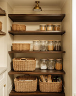 A cozy traditional pantry featuring warm cream walls, rich dark wood shelving, and a mix of woven rattan baskets and clear glass jars holding pantry staples. An aged brass semi-flush mount light fixture illuminates the space. — alternate angle