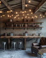 A rustic garage interior featuring exposed concrete walls, a salvaged wood workbench with metal stools, overhead string lights with Edison bulbs, and open shelving made from iron pipes and rough-sawn lumber, accented with galvanized buckets and a worn leather armchair. — styling and décor detail