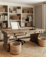 A warm farmhouse home office featuring a large distressed oak desk, a cream linen office chair, open shelving with books and woven baskets, and walls painted in a soft greige. A braided jute rug grounds the space, and a matte black task lamp sits on the desk. — alternate angle