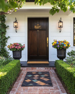 A traditional front yard featuring a dark wood front door with brass hardware, flanked by symmetrical boxwood hedges and modern matte black sconces. A reclaimed brick pathway leads to the entrance, with a vintage cast iron urn holding colorful flowers and a sleek geometric doormat. — close-up of textures and materials
